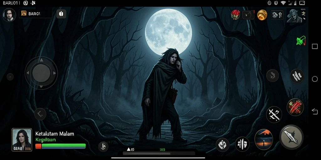Screenshot dari gameplay <strong>BARU01</strong> menunjukkan suasana horor yang mencekam.