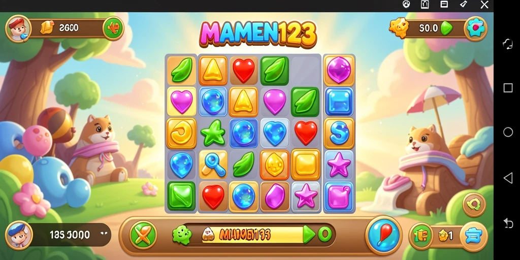 Tangkapan layar MAMEN123 menampilkan serunya gameplay Match-3 yang penuh warna.